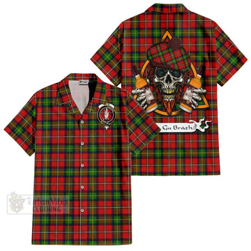 Boyd Tartan Hawaiian Shirt with Family Crest and Bearded Skull Holding Bottles of Whiskey