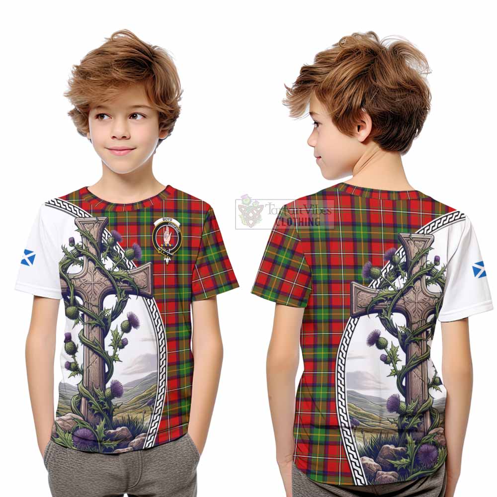 Tartan Vibes Clothing Boyd Tartan Kid T-Shirt with Family Crest and St. Andrew's Cross Accented by Thistle Vines