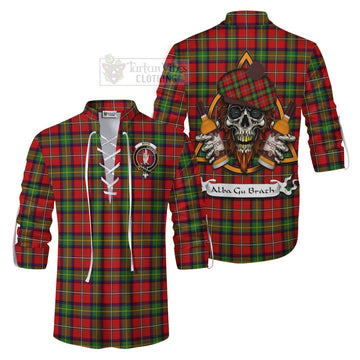 Tartan Vibes Clothing Boyd Tartan Ghillie Kilt Shirt with Family Crest and Bearded Skull Holding Bottles of Whiskey