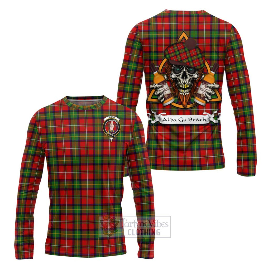 Tartan Vibes Clothing Boyd Tartan Long Sleeve T-Shirt with Family Crest and Bearded Skull Holding Bottles of Whiskey
