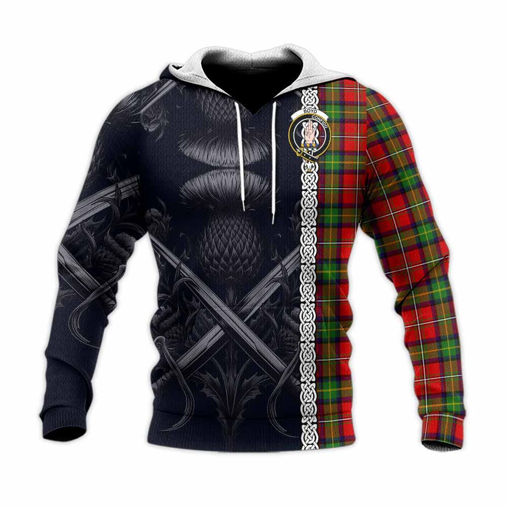 Tartan Vibes Clothing Boyd Tartan Knitted Hoodie with Family Crest Cross Sword Thistle Celtic Vibes