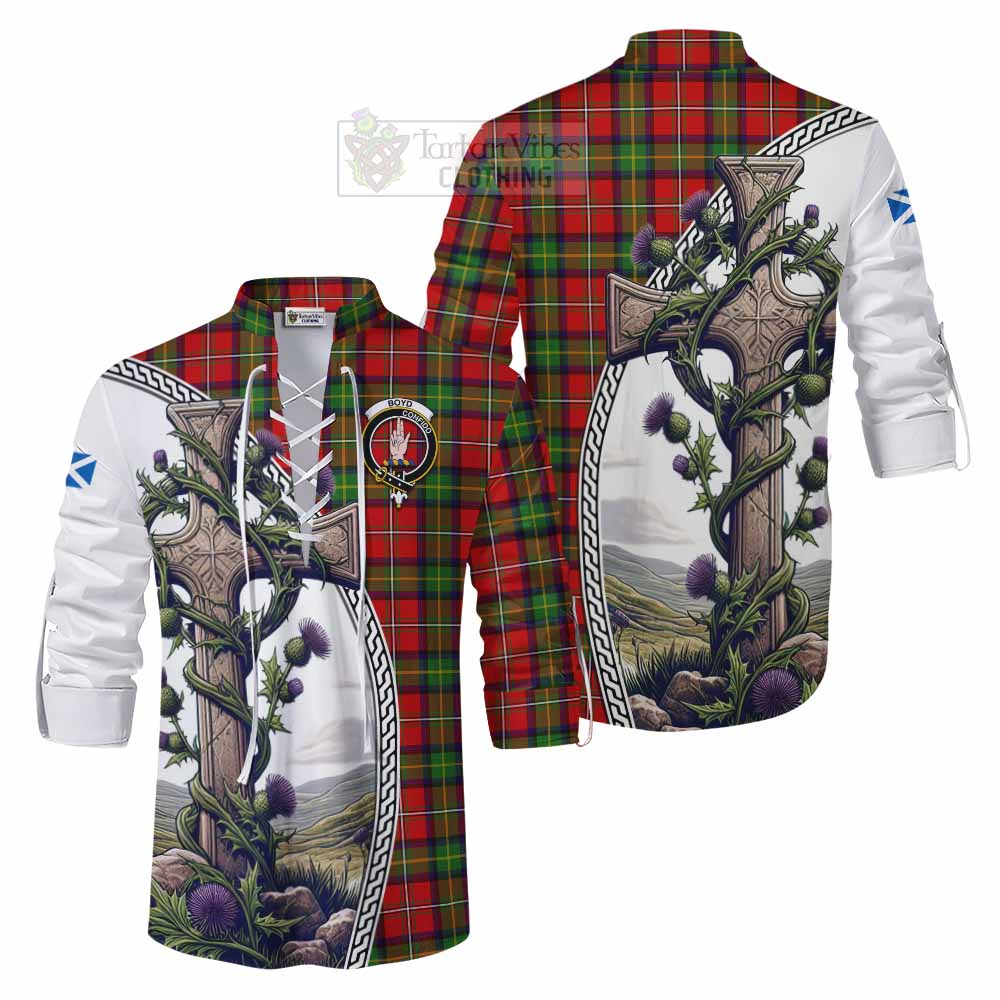 Tartan Vibes Clothing Boyd Tartan Ghillie Kilt Shirt with Family Crest and St. Andrew's Cross Accented by Thistle Vines