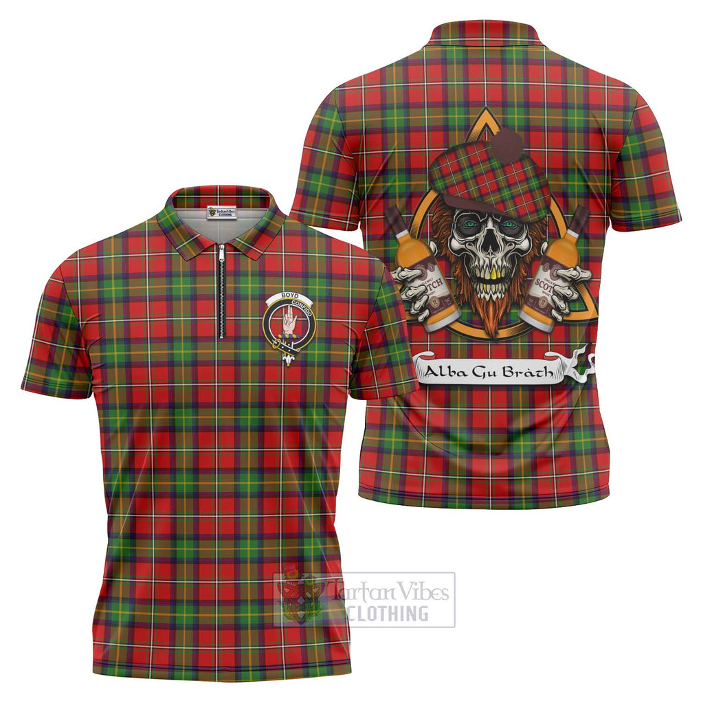 Tartan Vibes Clothing Boyd Tartan Zipper Polo Shirt with Family Crest and Bearded Skull Holding Bottles of Whiskey