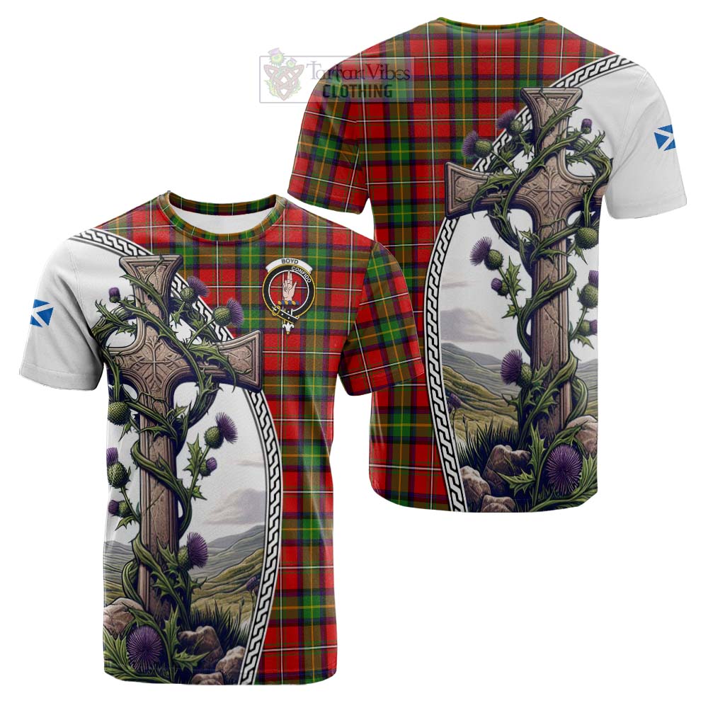 Tartan Vibes Clothing Boyd Tartan Cotton T-shirt with Family Crest and St. Andrew's Cross Accented by Thistle Vines