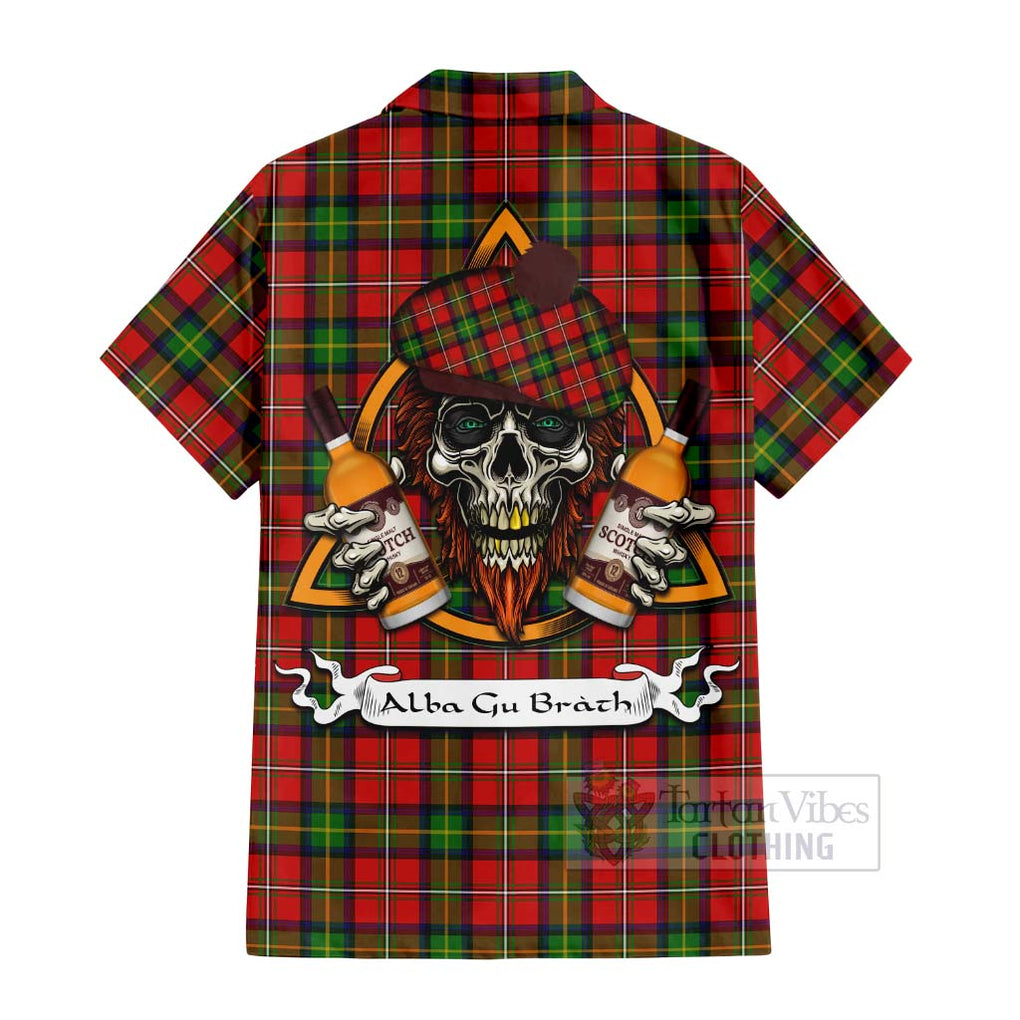 Tartan Vibes Clothing Boyd Tartan Short Sleeve Button Shirt with Family Crest and Bearded Skull Holding Bottles of Whiskey
