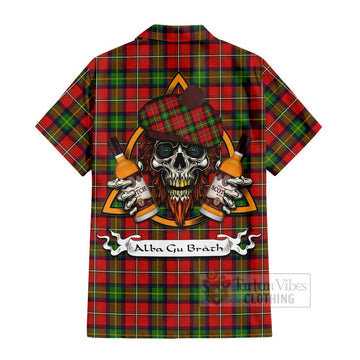 Boyd Tartan Hawaiian Shirt with Family Crest and Bearded Skull Holding Bottles of Whiskey