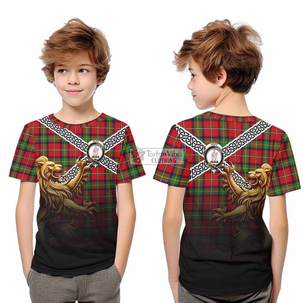Tartan Vibes Clothing Boyd Crest Tartan Kid T-Shirt with Golden Lion Emblem Celtic Style