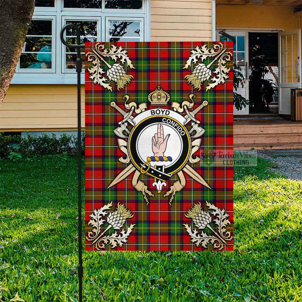 Tartan Vibes Clothing Boyd Tartan Flag with Family Crest and Golden Thistle Crossed Sword Design