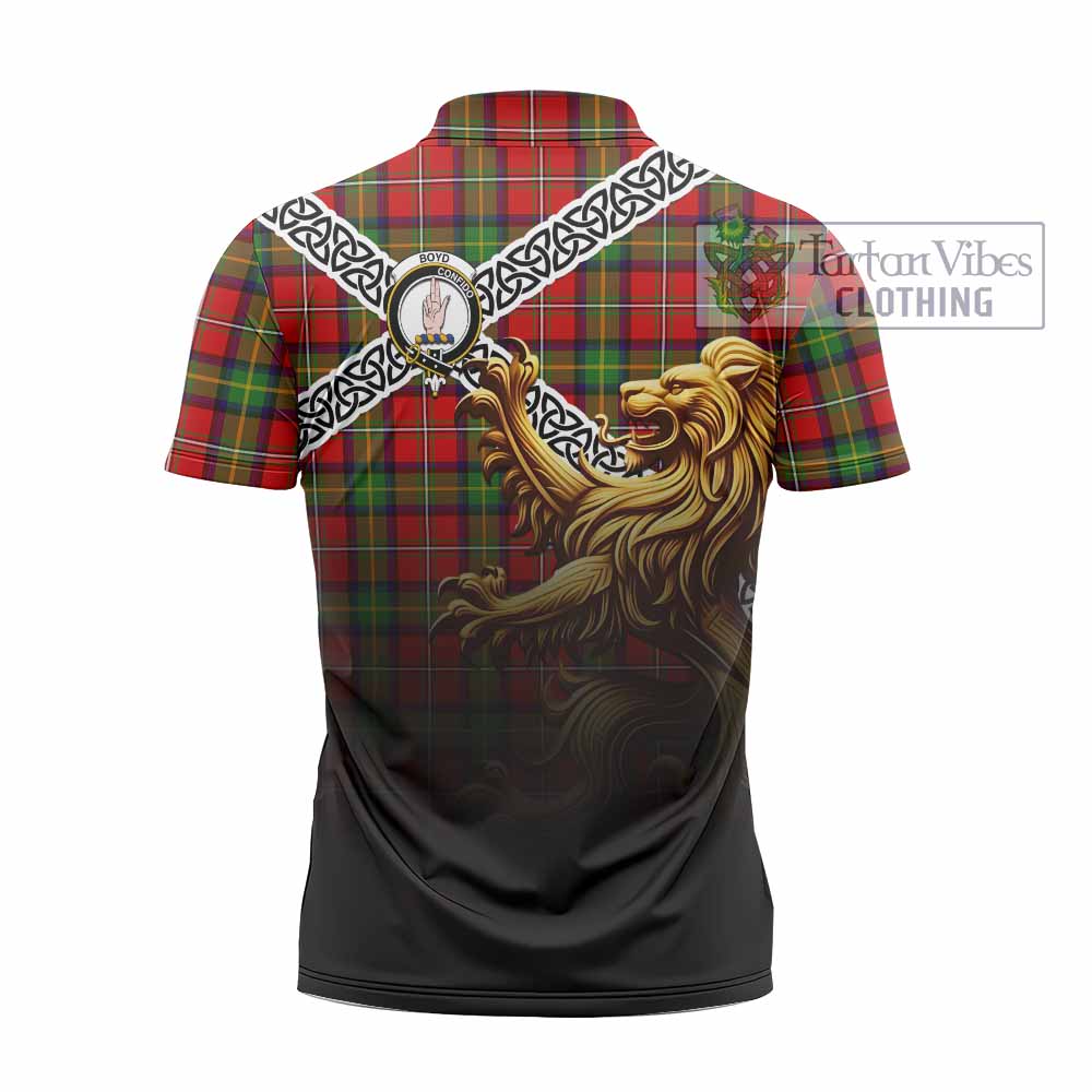 Tartan Vibes Clothing Boyd Crest Tartan Zipper Polo Shirt with Golden Lion Emblem Celtic Style