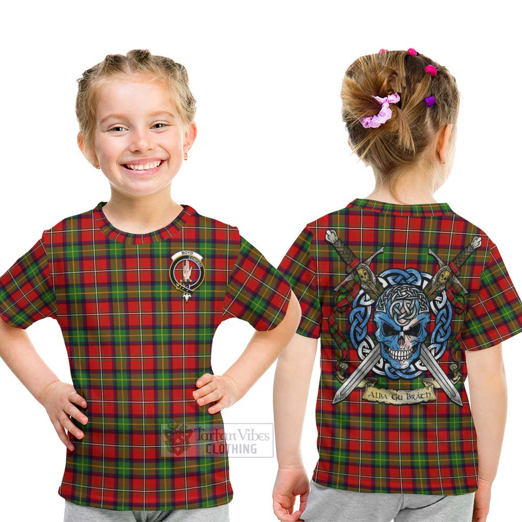 Tartan Vibes Clothing Boyd Tartan Kid T-Shirt with Family Crest Celtic Skull Style