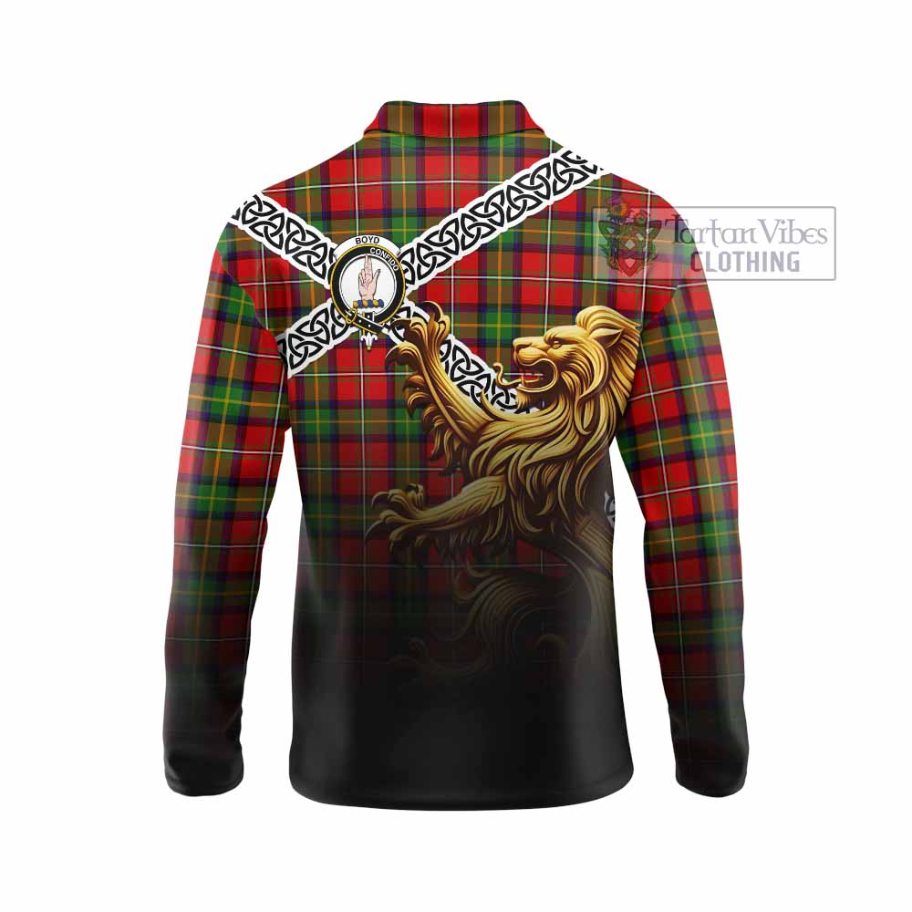 Tartan Vibes Clothing Boyd Crest Tartan Long Sleeve Polo Shirt with Golden Lion Emblem Celtic Style