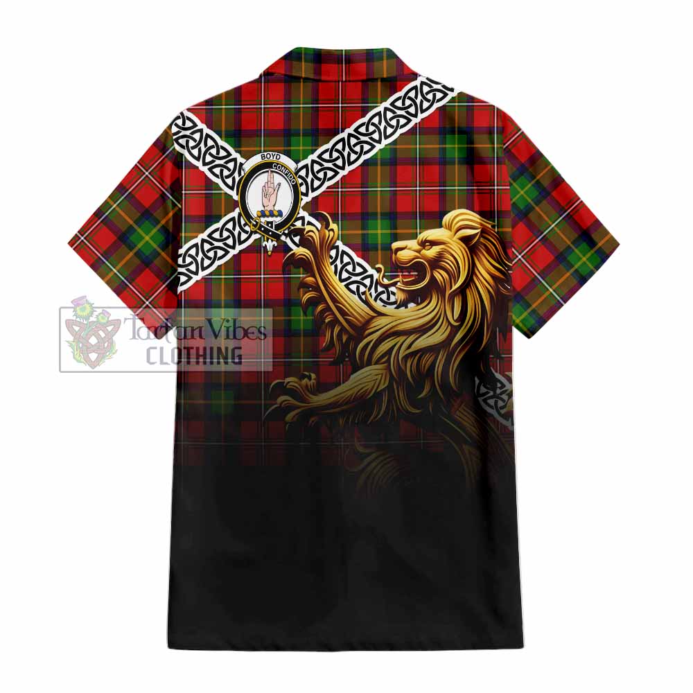 Tartan Vibes Clothing Boyd Crest Tartan Short Sleeve Button Shirt with Golden Lion Emblem Celtic Style