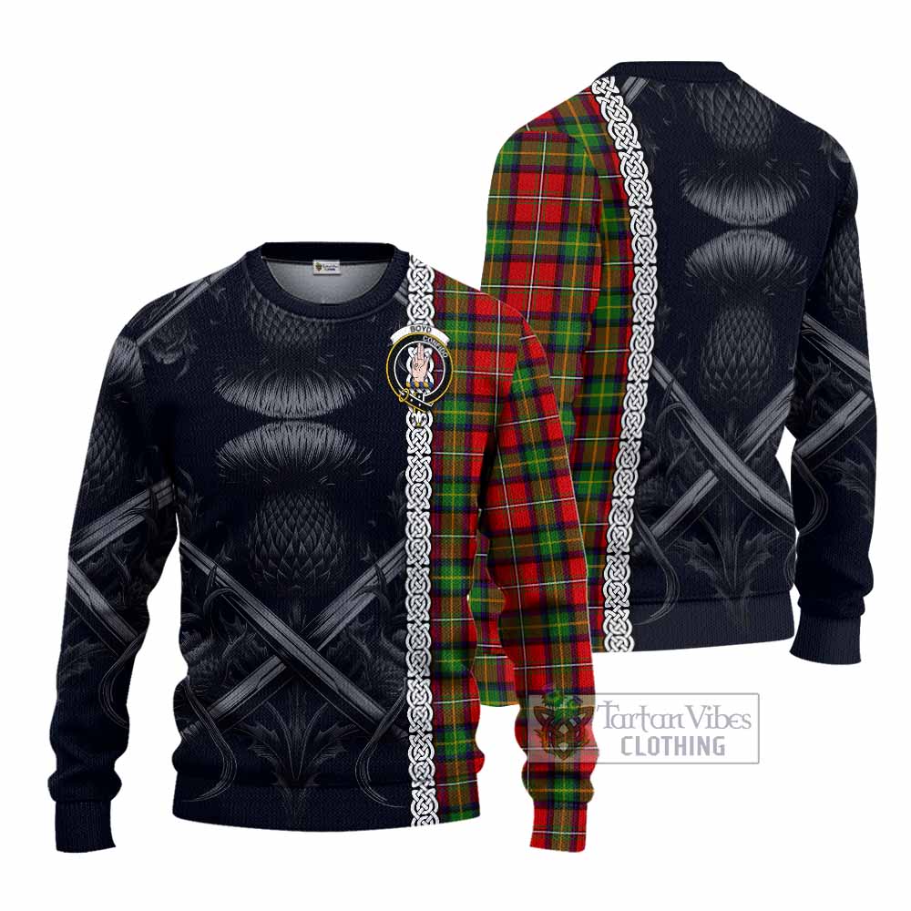 Tartan Vibes Clothing Boyd Tartan Knitted Sweater with Family Crest Cross Sword Thistle Celtic Vibes