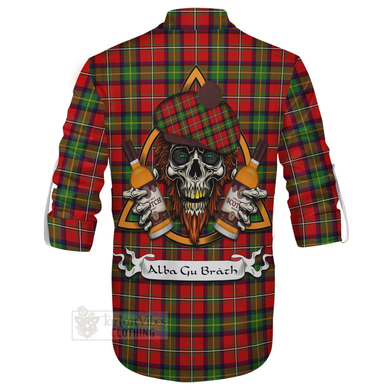 Tartan Vibes Clothing Boyd Tartan Ghillie Kilt Shirt with Family Crest and Bearded Skull Holding Bottles of Whiskey