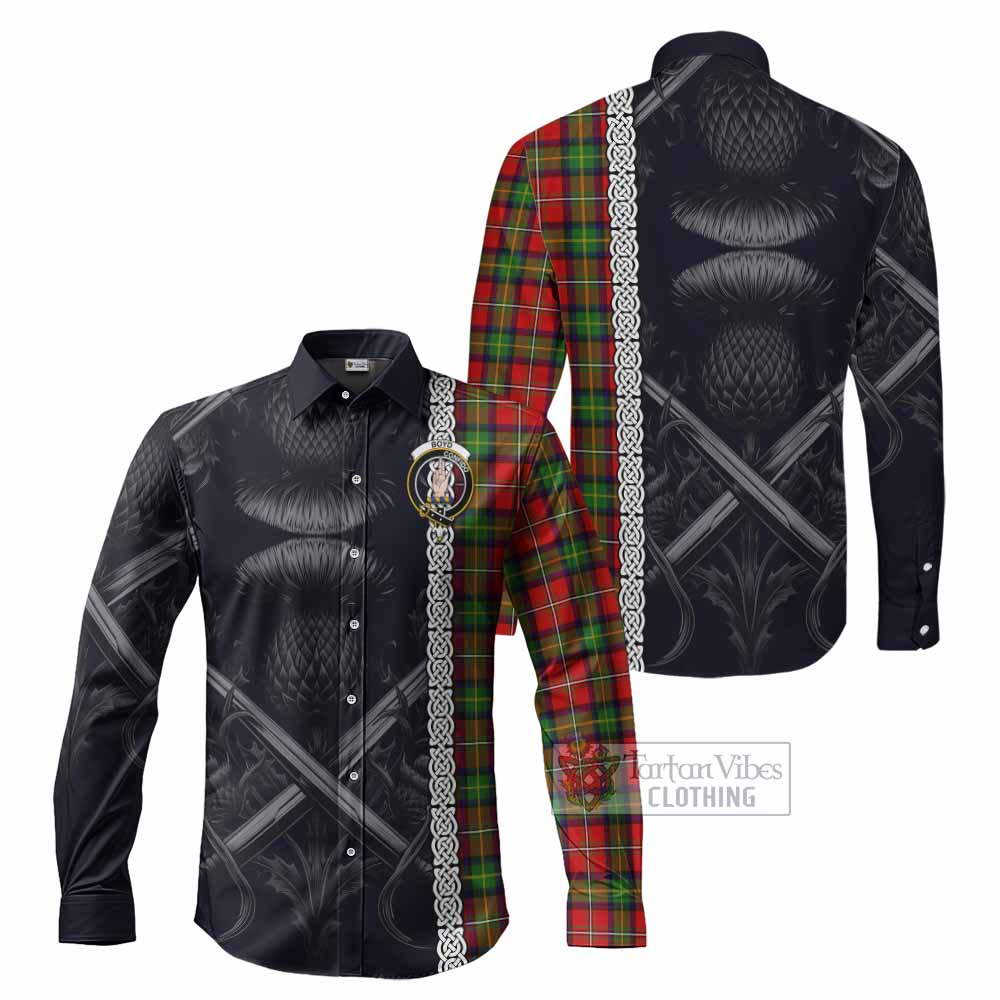Tartan Vibes Clothing Boyd Tartan Long Sleeve Button Shirt with Family Crest Cross Sword Thistle Celtic Vibes