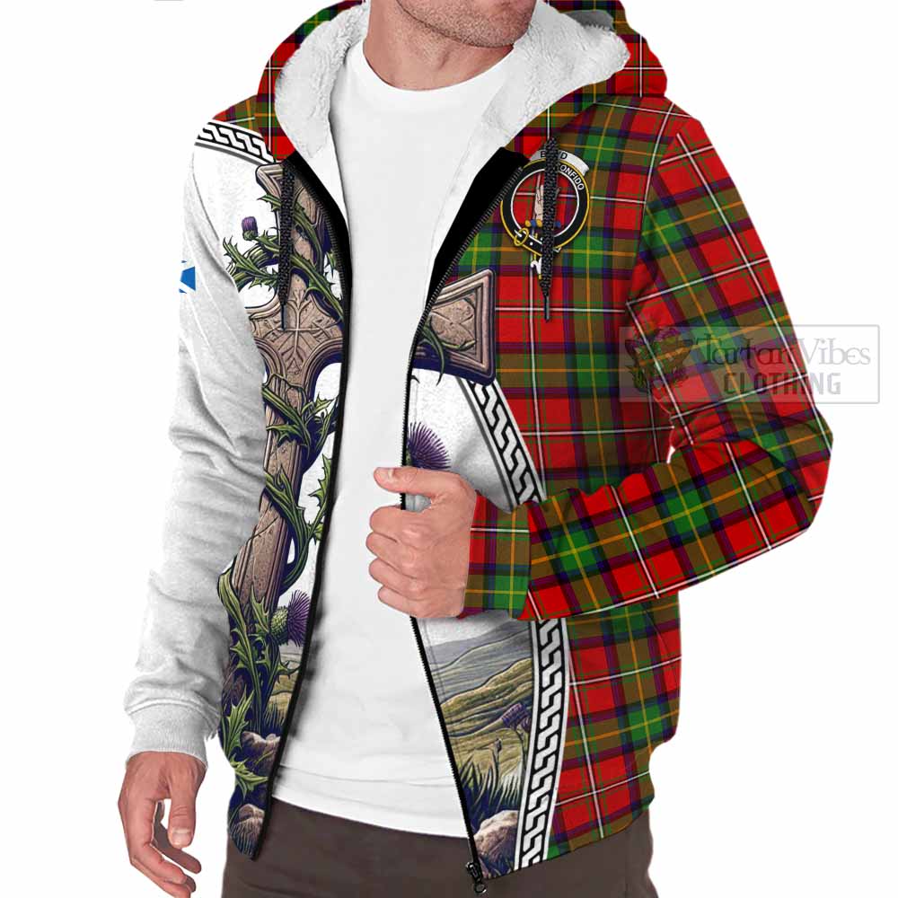Tartan Vibes Clothing Boyd Tartan Sherpa Hoodie with Family Crest and St. Andrew's Cross Accented by Thistle Vines