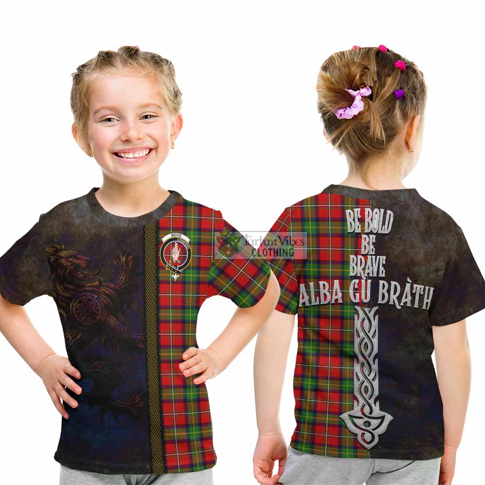 Tartan Vibes Clothing Boyd Tartan Family Crest Kid T-Shirt Alba Gu Brath Be Brave Lion Ancient Style