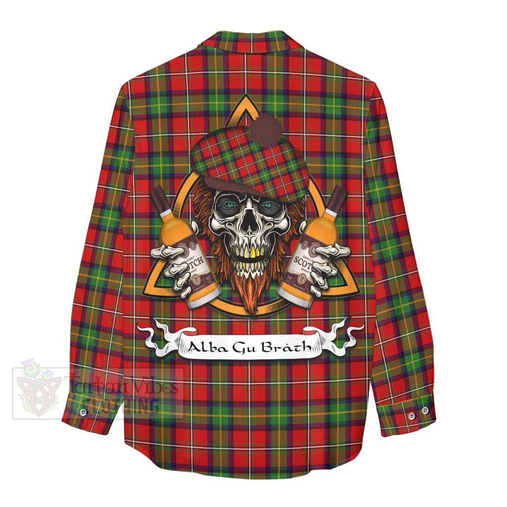 Tartan Vibes Clothing Boyd Tartan Women's Casual Shirt with Family Crest and Bearded Skull Holding Bottles of Whiskey