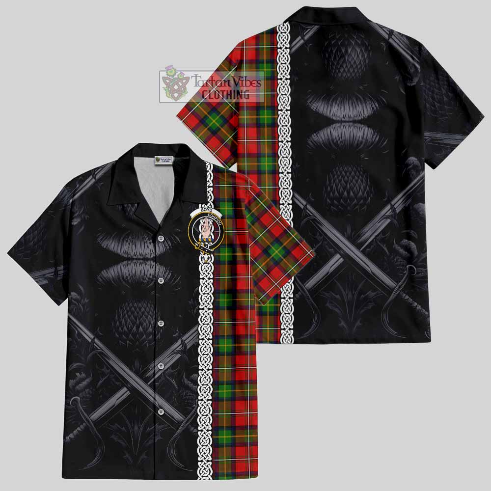 Tartan Vibes Clothing Boyd Tartan Short Sleeve Button Shirt with Family Crest Cross Sword Thistle Celtic Vibes