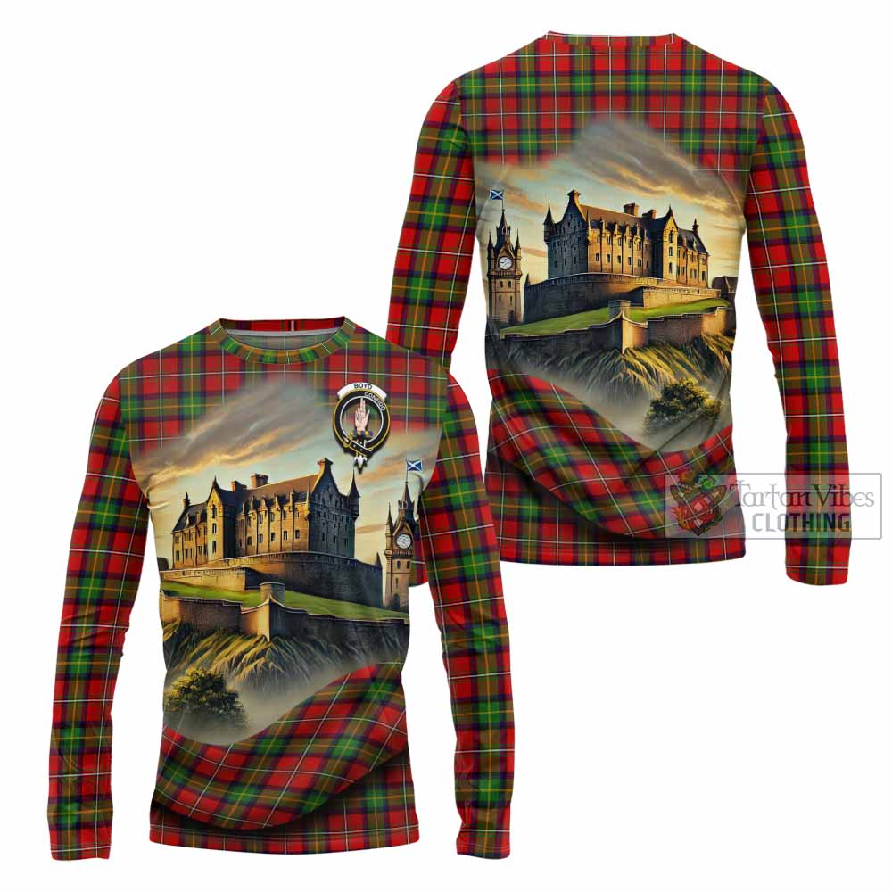 Tartan Vibes Clothing Boyd Tartan Family Crest Long Sleeve T-Shirt with Scottish Ancient Castle Style