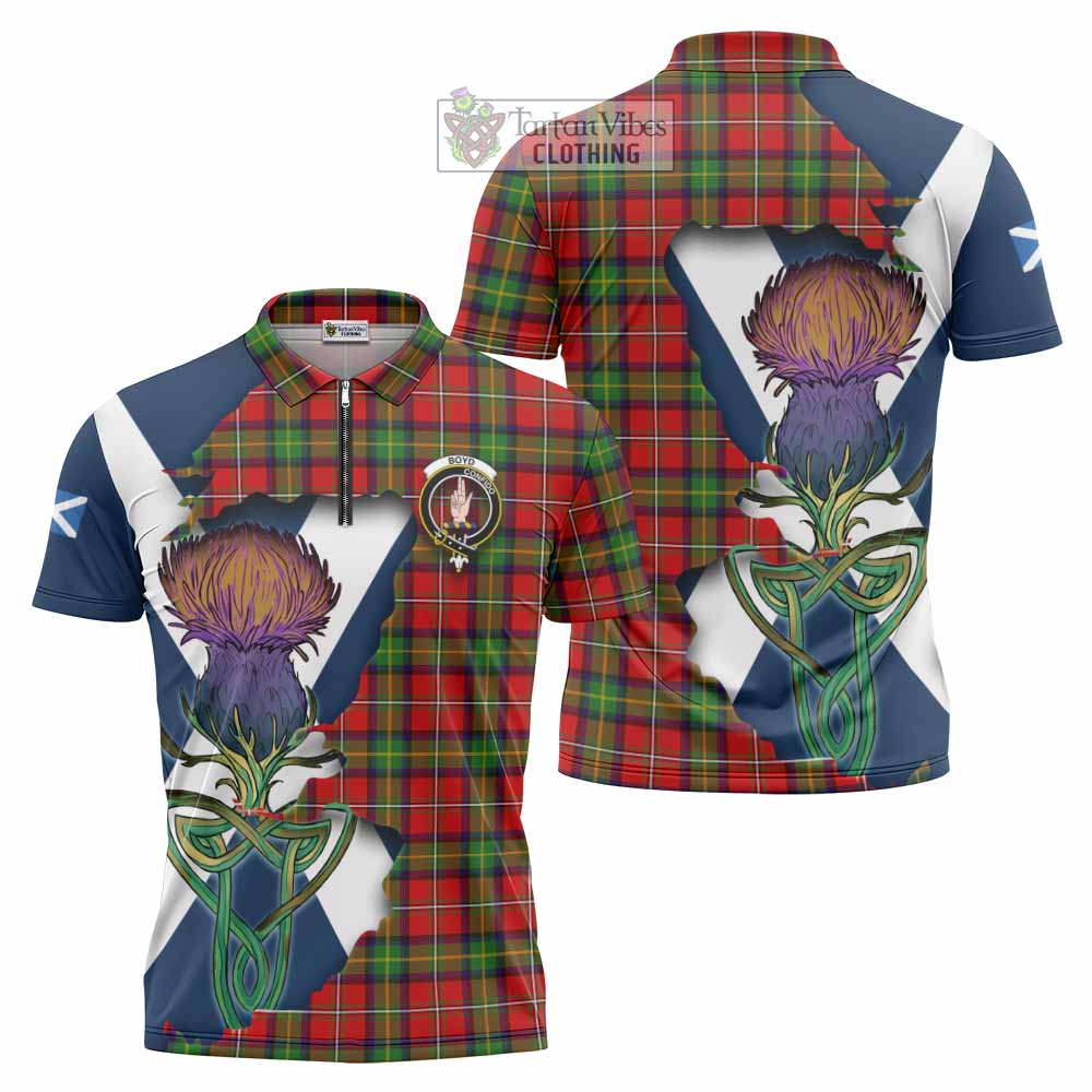 Tartan Vibes Clothing Boyd Tartan Family Crest Zipper Polo Shirt Scottish Thistle Celtic Inspired