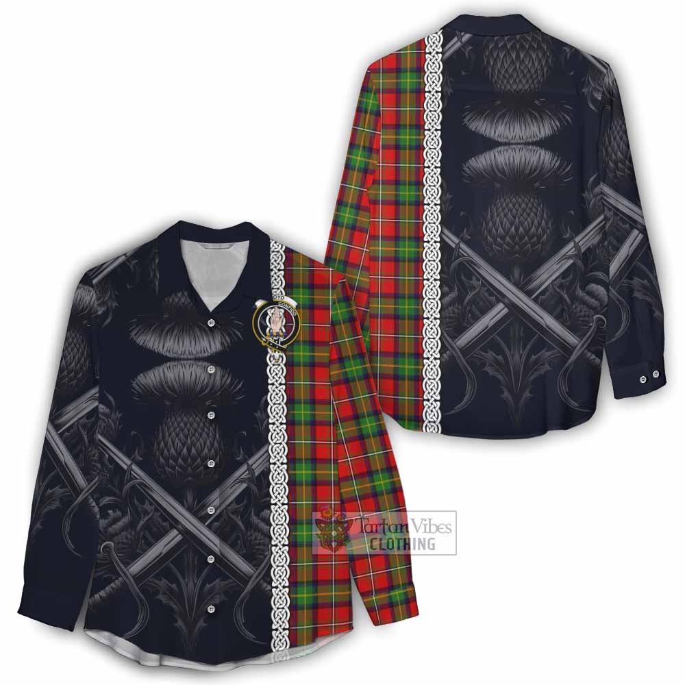 Tartan Vibes Clothing Boyd Tartan Women's Casual Shirt with Family Crest Cross Sword Thistle Celtic Vibes