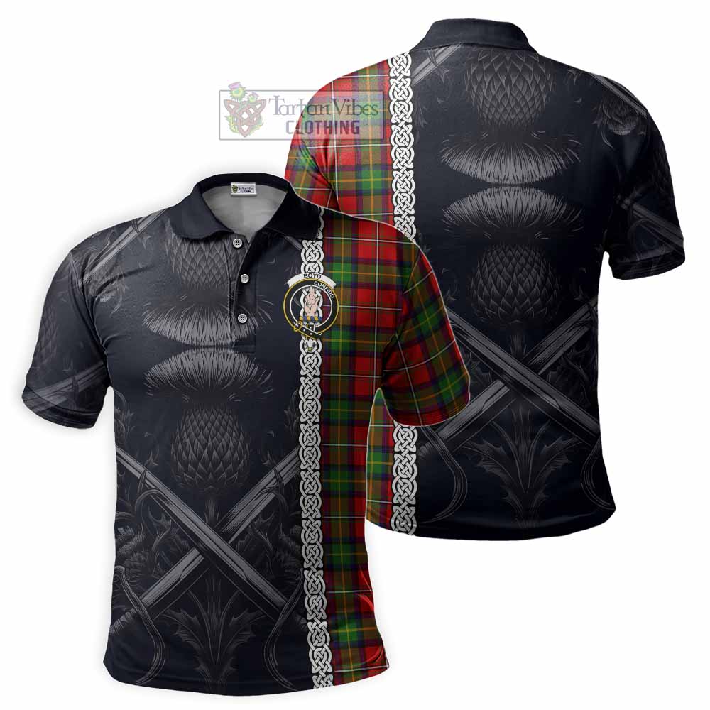 Tartan Vibes Clothing Boyd Tartan Polo Shirt with Family Crest Cross Sword Thistle Celtic Vibes