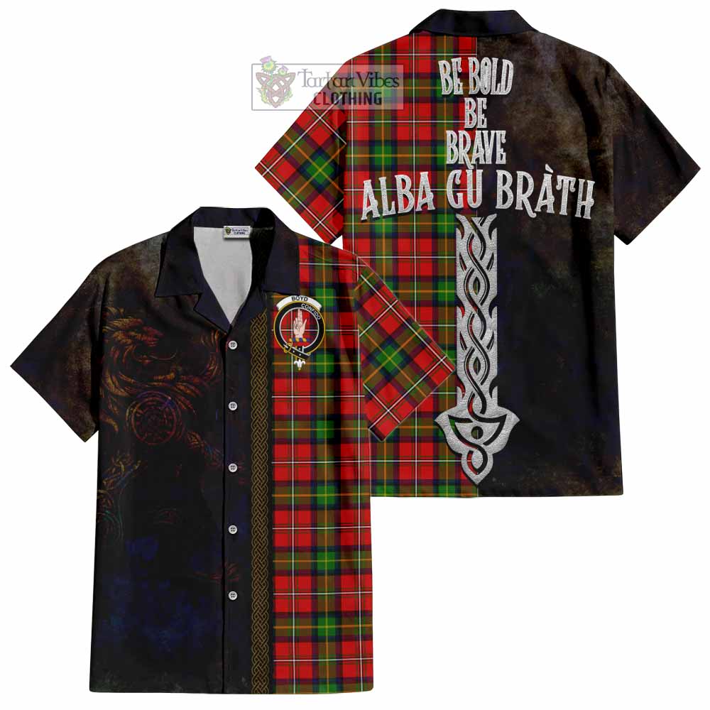 Tartan Vibes Clothing Boyd Tartan Family Crest Short Sleeve Button Shirt Alba Gu Brath Be Brave Lion Ancient Style