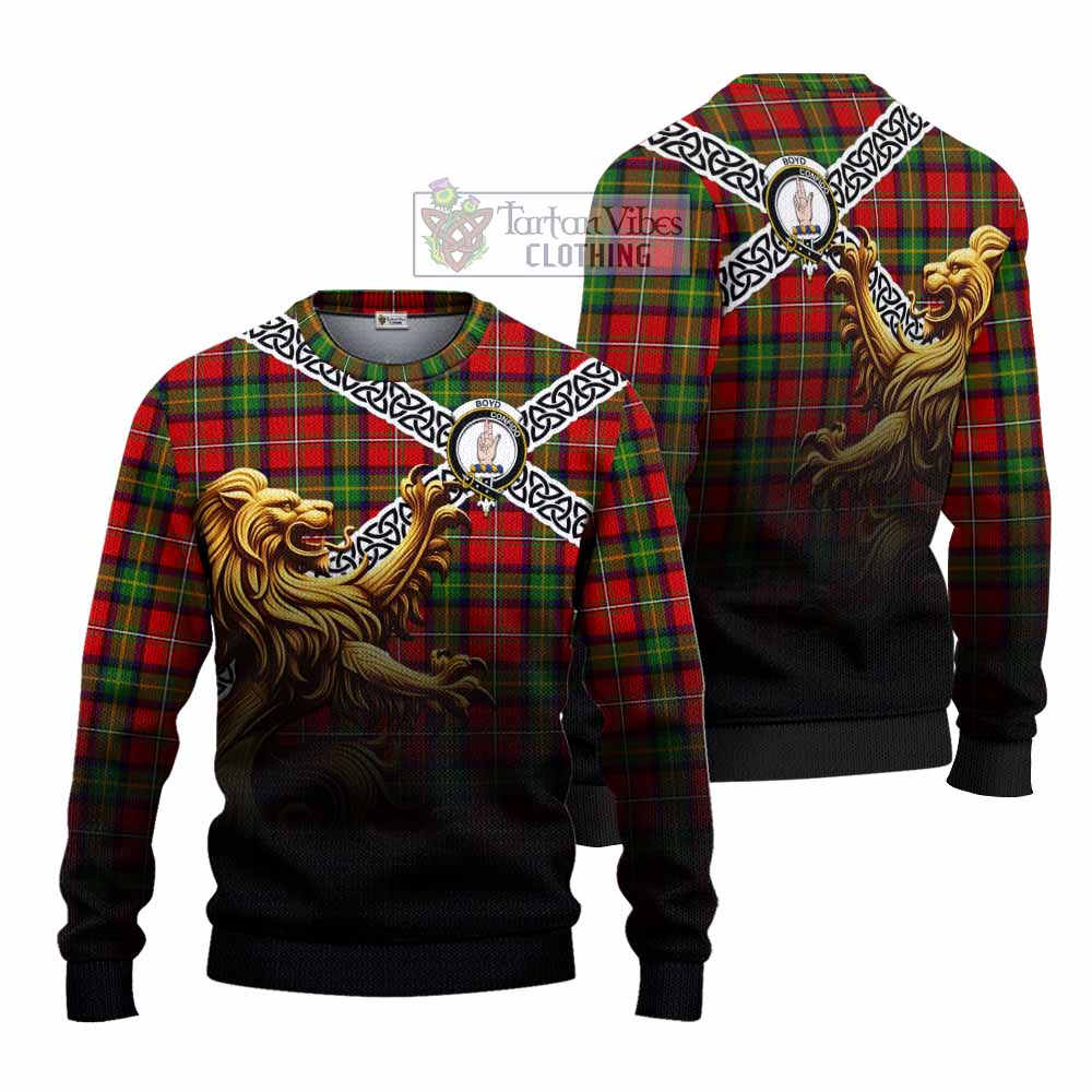 Tartan Vibes Clothing Boyd Crest Tartan Knitted Sweater with Golden Lion Emblem Celtic Style