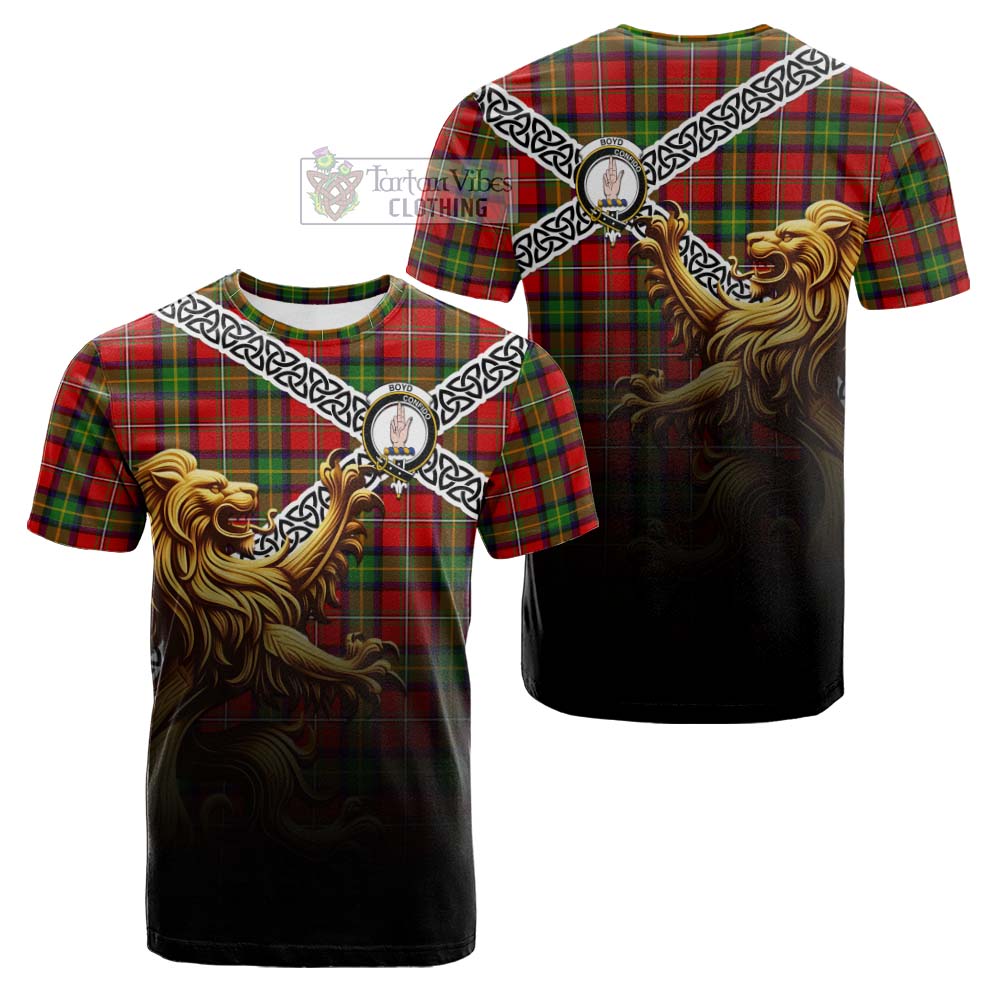 Tartan Vibes Clothing Boyd Crest Tartan Cotton T-shirt with Golden Lion Emblem Celtic Style