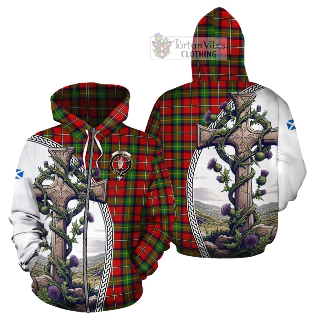 Tartan Vibes Clothing Boyd Tartan Cotton Hoodie with Family Crest and St. Andrew's Cross Accented by Thistle Vines