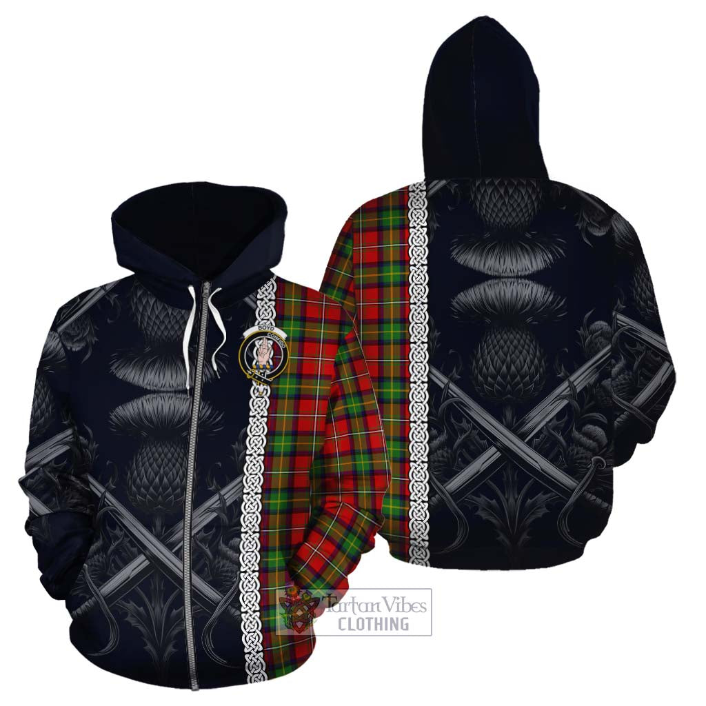 Tartan Vibes Clothing Boyd Tartan Cotton Hoodie with Family Crest Cross Sword Thistle Celtic Vibes