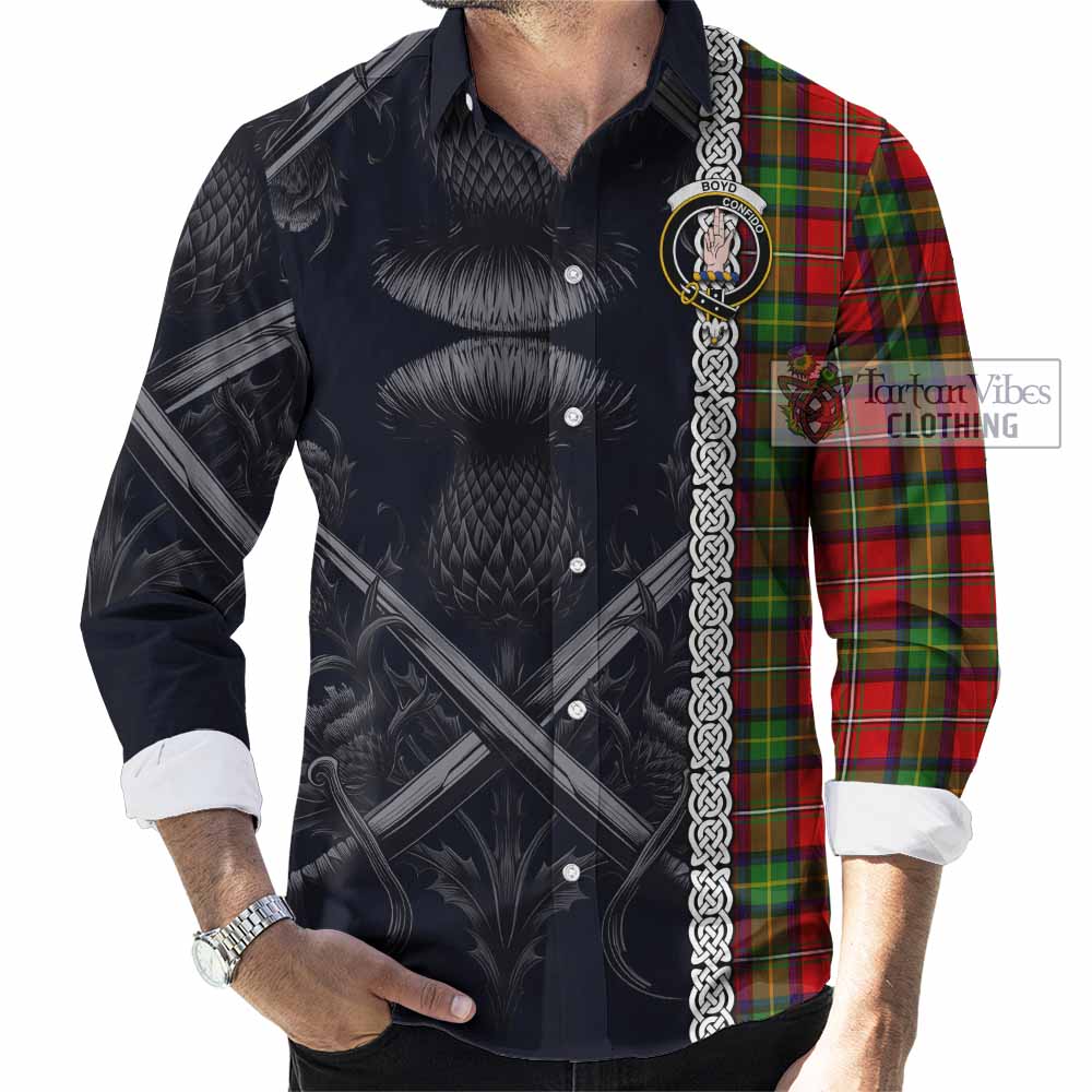 Tartan Vibes Clothing Boyd Tartan Long Sleeve Button Shirt with Family Crest Cross Sword Thistle Celtic Vibes