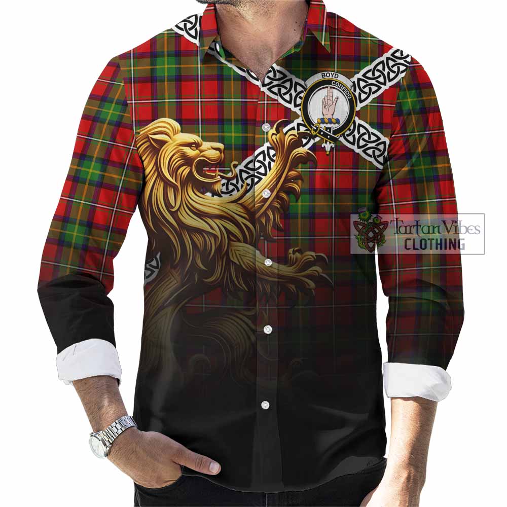 Tartan Vibes Clothing Boyd Crest Tartan Long Sleeve Button Shirt with Golden Lion Emblem Celtic Style
