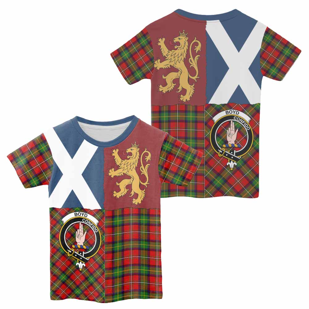 Boyd Crest Tartan Kid T-shirt with Lion Rampant Saltire Style - Tartan Vibes Clothing