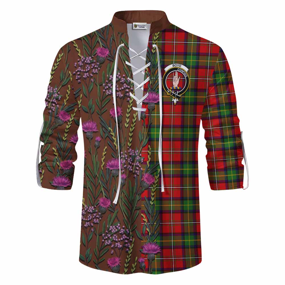 Boyd Family Crest Tartan Ghillie Shirt Scottish Thistle Flower Pattern Half Style - Tartan Vibes Clothing