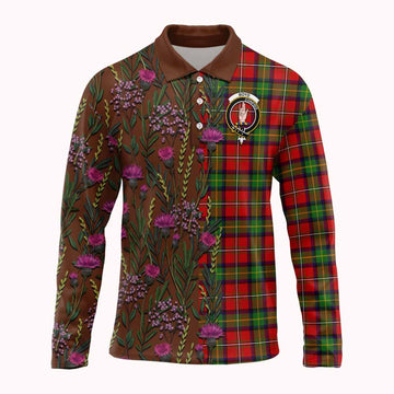 Boyd Family Crest Tartan Long Sleeve Polo Shirt Scottish Thistle Flower Pattern Half Style