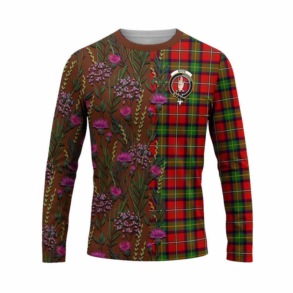Boyd Family Crest Tartan Long Sleeve T-Shirt Scottish Thistle Flower Pattern Half Style - Tartan Vibes Clothing