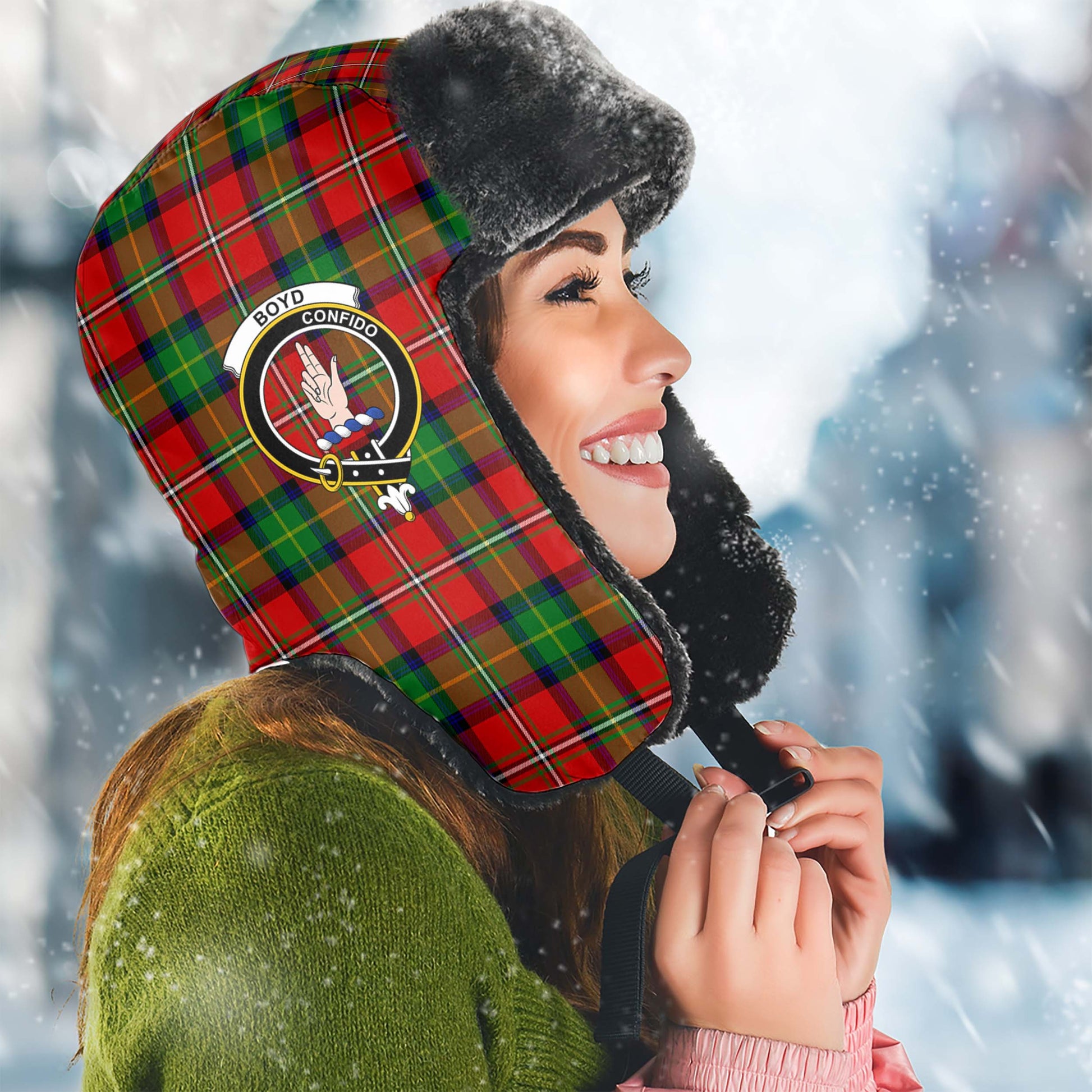 Boyd Tartan Winter Trapper Hat with Family Crest Winter Trapper Hat Universal Fit Circumference 22.8in (58cm) - Tartan Vibes Clothing