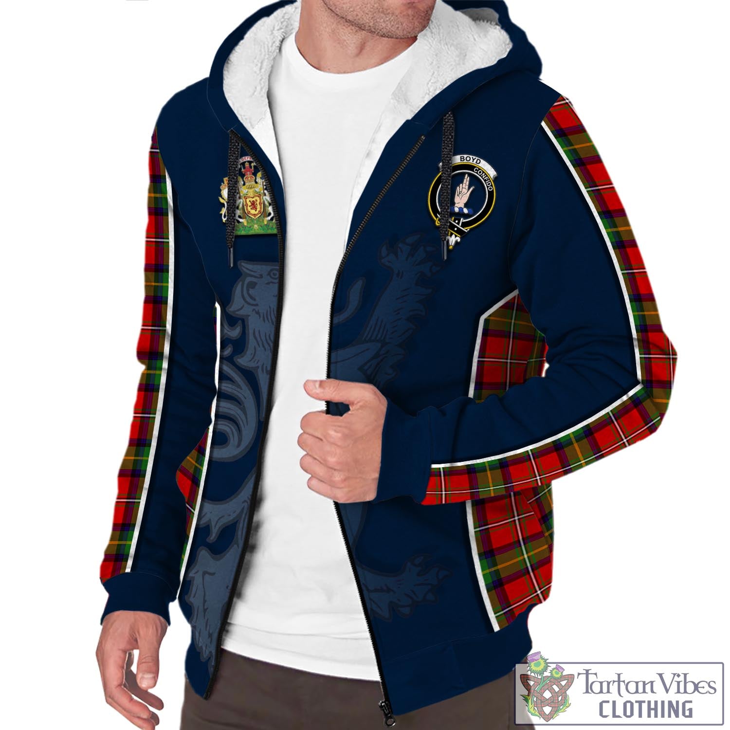 Tartan Vibes Clothing Boyd Modern Tartan Sherpa Hoodie with Family Crest and Lion Rampant Vibes Sport Style