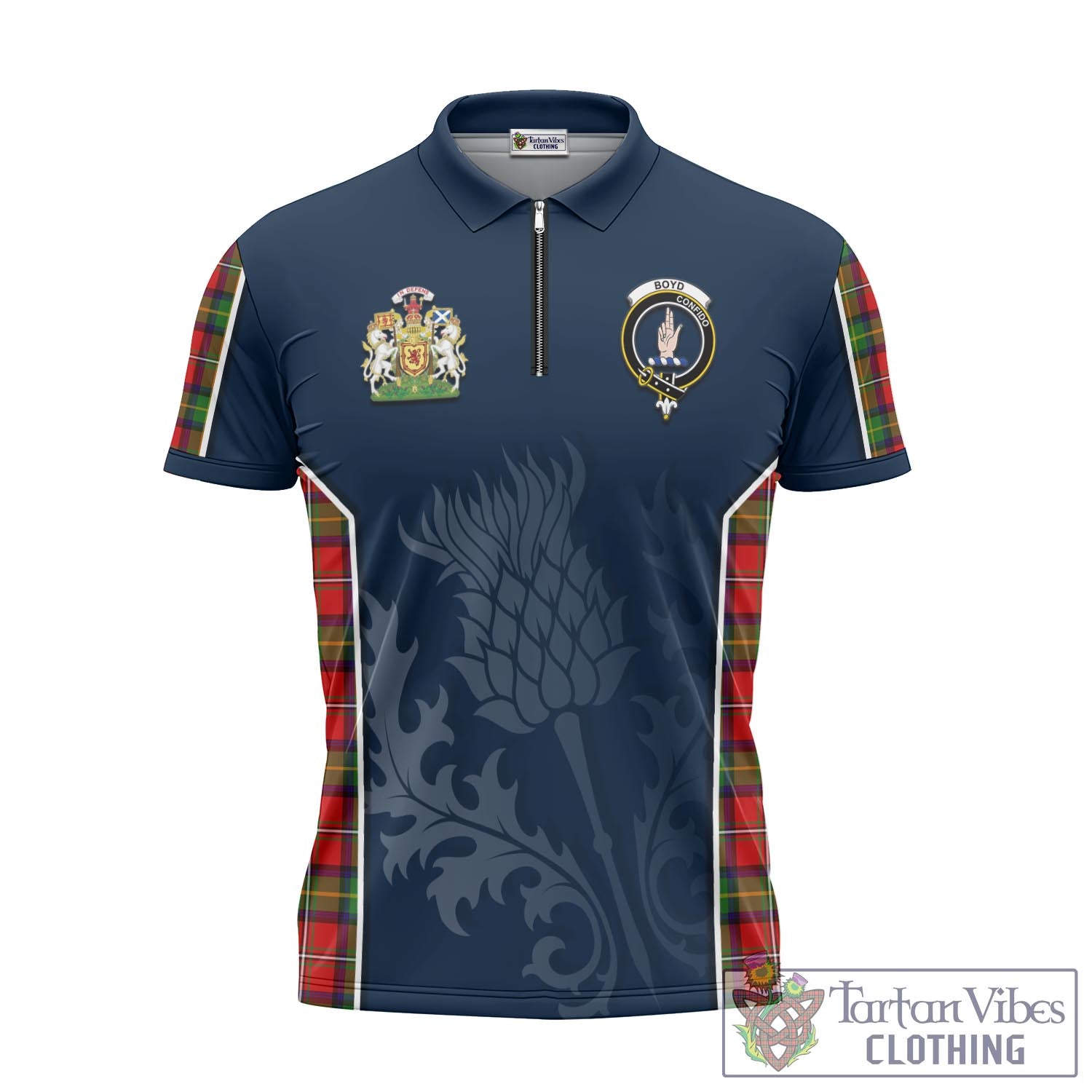 Tartan Vibes Clothing Boyd Modern Tartan Zipper Polo Shirt with Family Crest and Scottish Thistle Vibes Sport Style