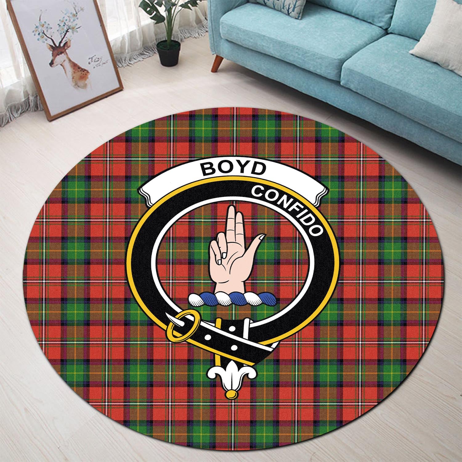 Boyd Modern Tartan Round Rug with Family Crest - Tartanvibesclothing
