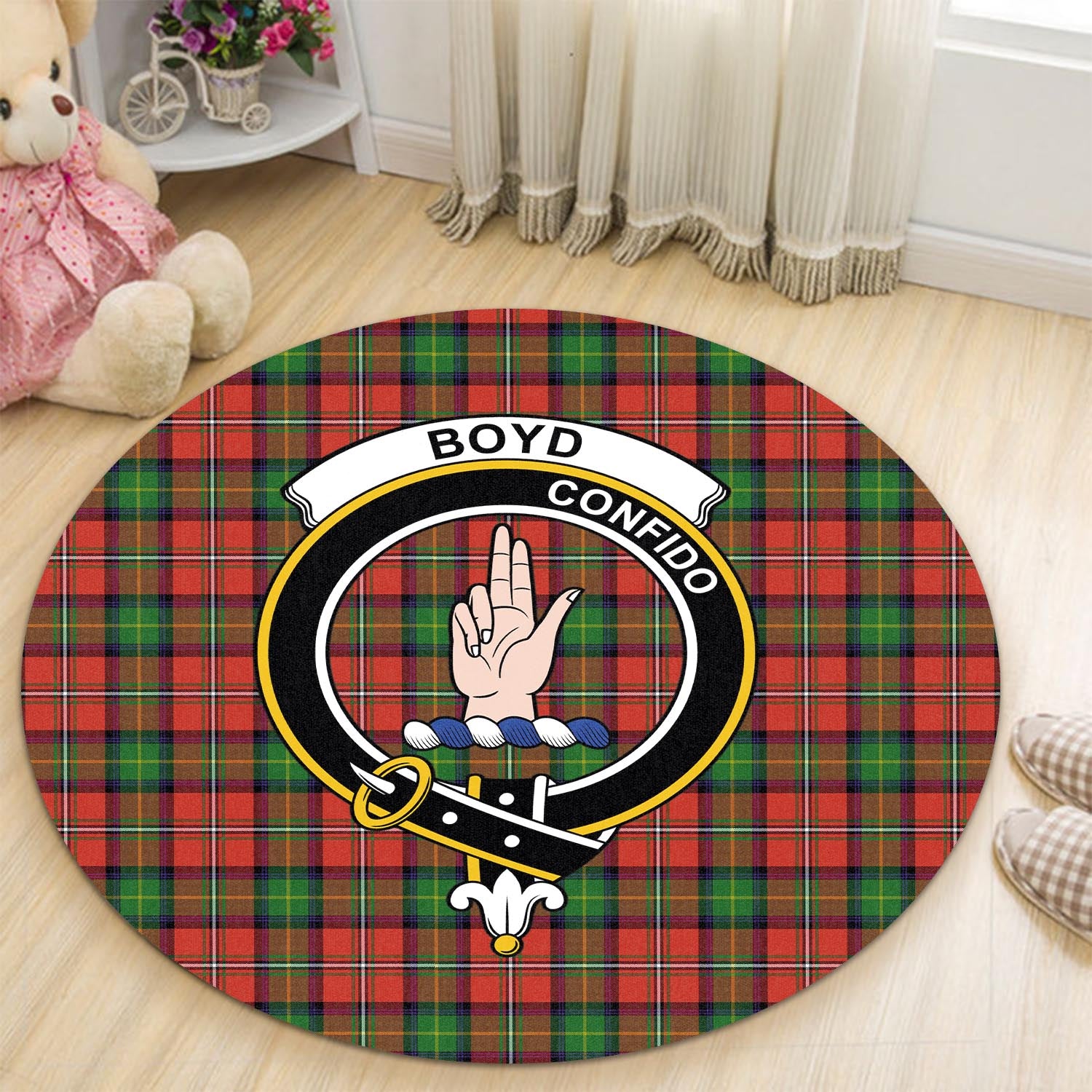 Boyd Modern Tartan Round Rug with Family Crest - Tartanvibesclothing