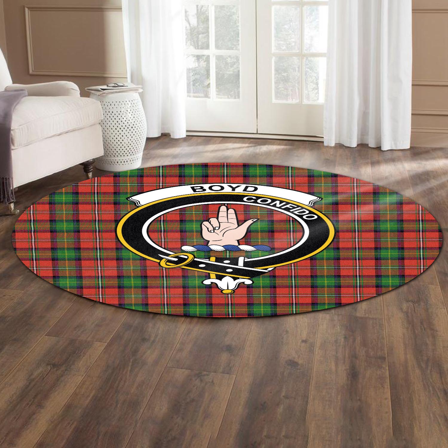 Boyd Modern Tartan Round Rug with Family Crest - Tartanvibesclothing