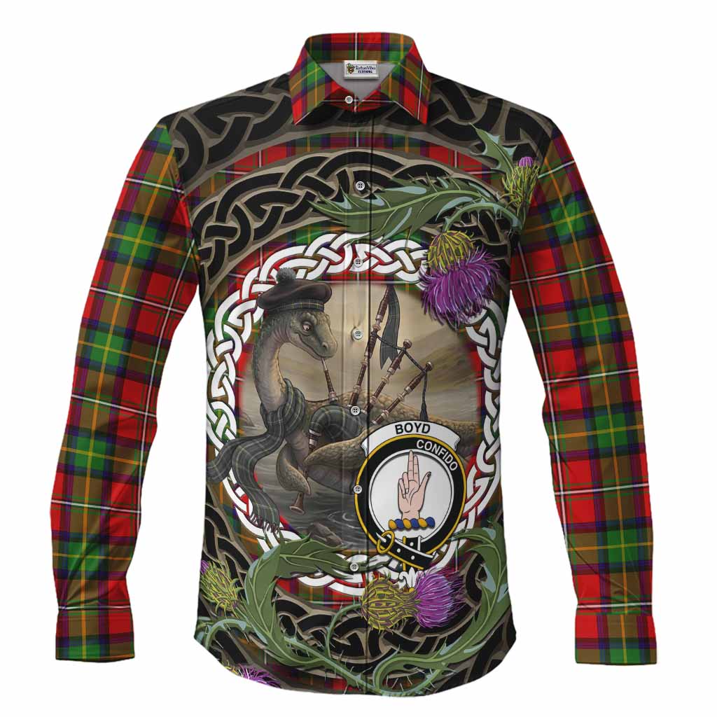 Boyd Tartan Crest Bagpipe Nessie Long Sleeve Button Shirts Scottish Loch Ness Monster Celtic Thistle
