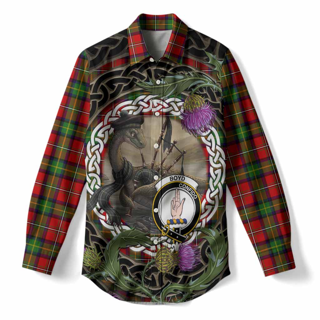 Boyd Tartan Crest Bagpipe Nessie Women Casual Shirt Scottish Loch Ness Monster Celtic Thistle