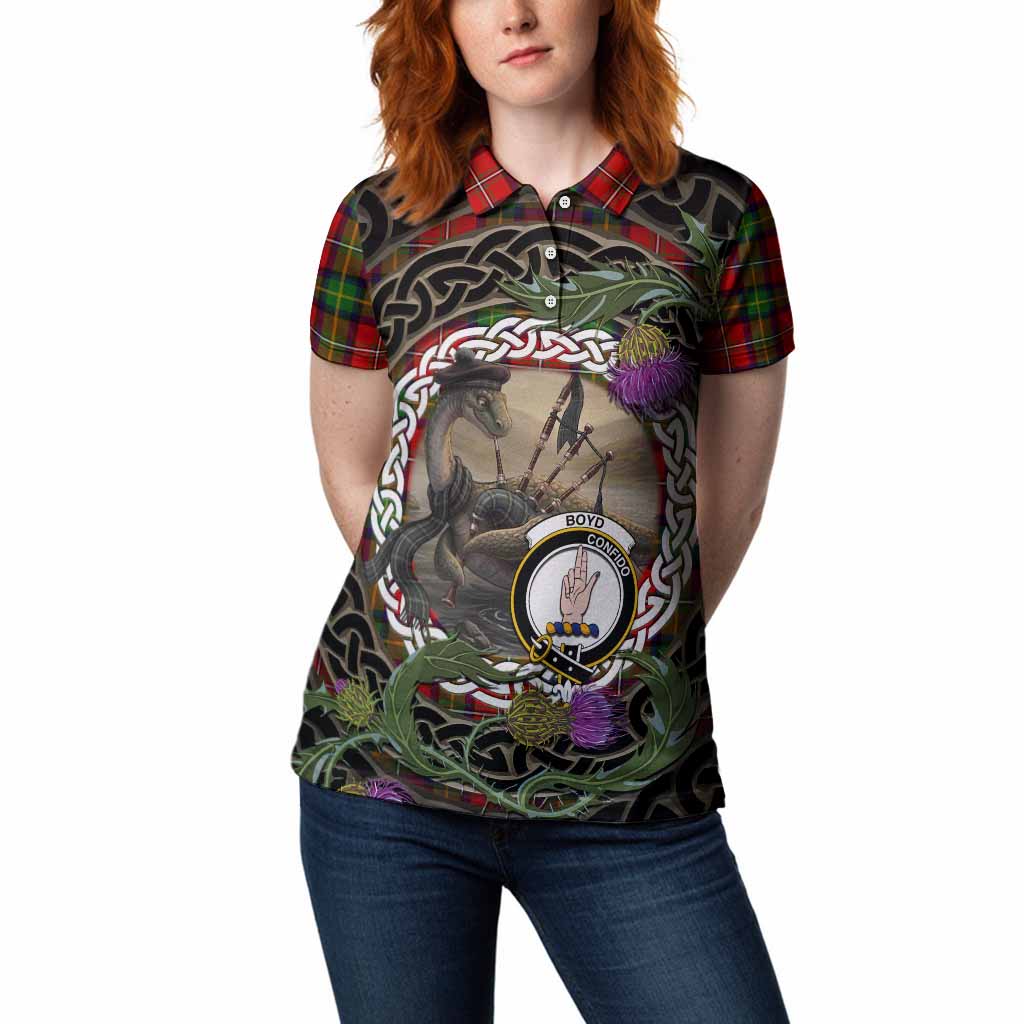 Boyd Tartan Crest Bagpipe Nessie Women Polo Shirt Scottish Loch Ness Monster Celtic Thistle
