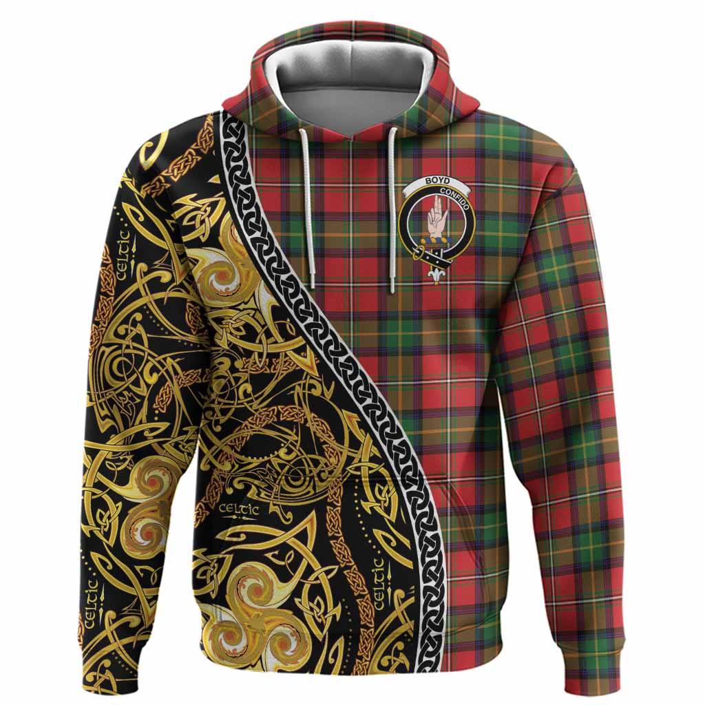 Boyd Tartan Crest Hoodie Celtic Knot and Triple Trickle Spiral Symbols