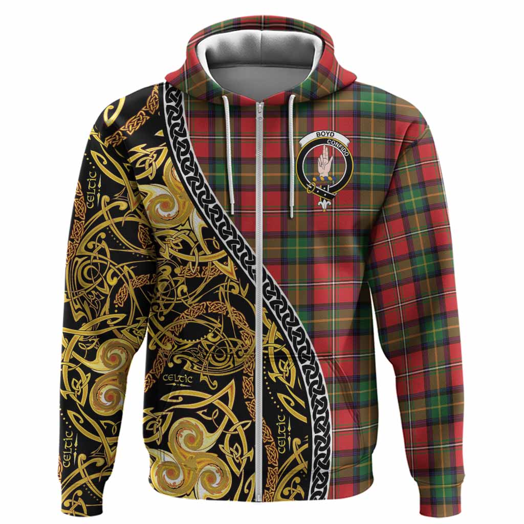 Boyd Tartan Crest Hoodie Celtic Knot and Triple Trickle Spiral Symbols