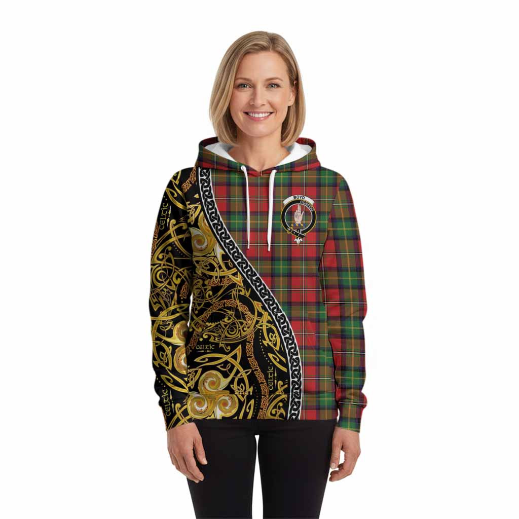 Boyd Tartan Crest Hoodie Celtic Knot and Triple Trickle Spiral Symbols